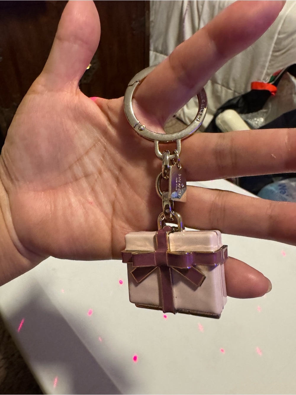 Kate Spade Wrapping Party Gift Box Bag Charm Keychain Pink Purple Metal